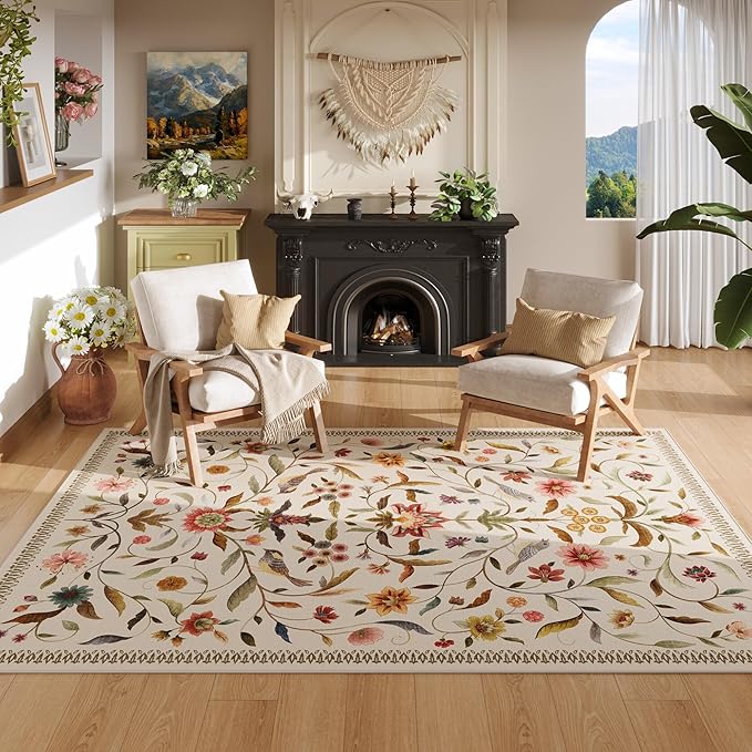Vintage Medallion Floral Area Rugs 8x10 Clearance, Machine Washable Non-Slip, Low Pile Soft Large Carpet for Living Room, Bedroom, Dining Room, Farmhouse, Kids Playroom, Office | Beige
