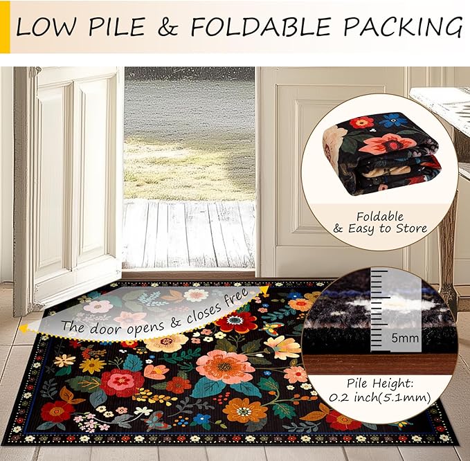Floral 2x10 Area Rug Machine Washable Soft Print Boho Carpet Non Slip Doormat Low Pile Flower Area Rugs for Living Room Bedroom Nursery Kitchen Dining Room Indoor-Black