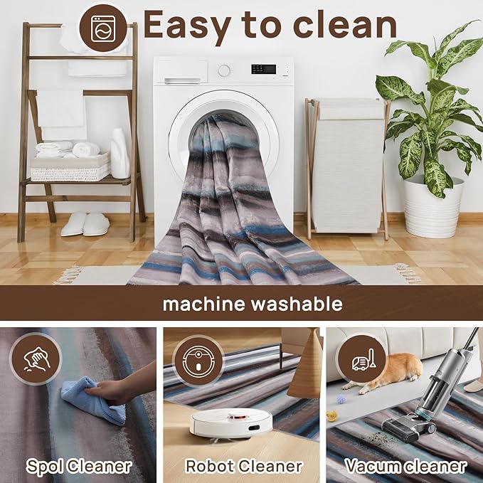 Abstract 6x9 Area Rug, Modern Stripe Pattern Teal Rugs for Living Room, Washable Soft Large Non-Slip Floor Carpet for Dining Room Office Bedroom - Blue/Brown/Multi