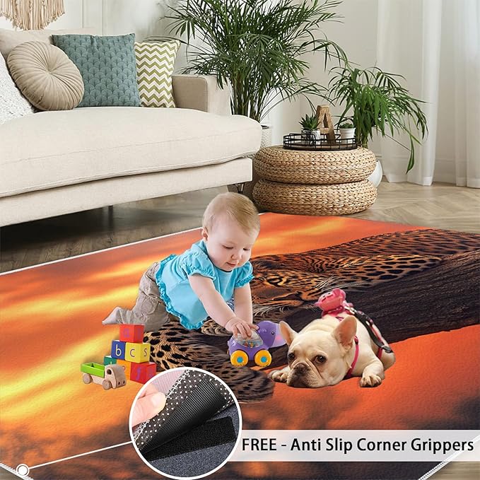 3x6 Sunrise Leopard Bedroom Rug Under Bed - Sunset African Savanna Kids Room Rugs, Wild Animal Bedroom Runner Rug Soft Washable for Living Room Kitchen