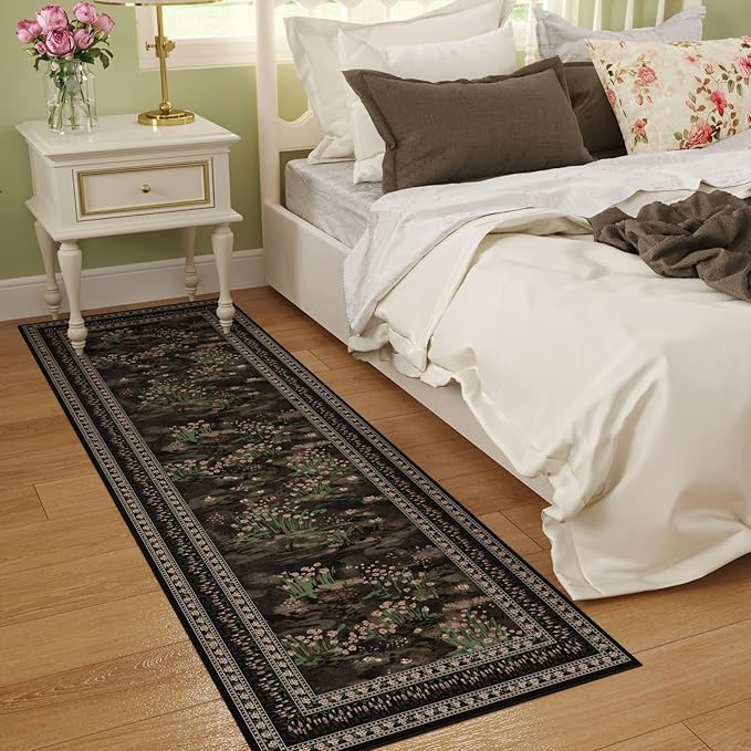 Rugcomf 2x6 Runner Rug Impressionist-Style Vintage Kitchen Rugs Non Slip Washable Soft Carpet Runner for Kitchen Laundry Bedroom Bathroom, Black