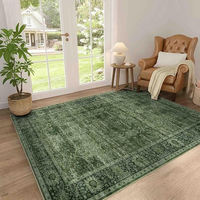 3x5 Washable Area Rug for Living Room Bedroom Dining Room Non-Slip Low Pile Boho Vintage Distressed Entryway Rug Traditional Floral Retro Accent Throw Carpet for Dining Room Bathroom Kitchen Green