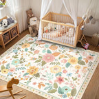 Floral 5x7 Area Rug Machine Washable Soft Print Boho Carpet Non Slip Doormat Low Pile Flower Area Rugs for Living Room Bedroom Nursery Kitchen Dining Room Indoor-Beige/White/Orange