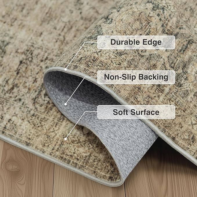 FMFUNCTEX 2x8 Runner Rug Brown Washable Vintage Neutral Distressed Oriental Non Slip Low Pile Indoor Carpet Retro Hallway Entryway Rug for Kitchen Living Room Bedroom Bathroom Laundry Entry Bedside