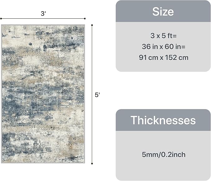 GENIMO 3x5 Rug for Entryway Washable Area Rug, Modern Abstract Small Rugs for Entrance Living Room, Bedroom Beside Rugs, Non-Slip Low Pile Lightweight Soft Carpet, Navy Blue