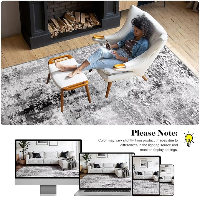 Washable Abstract Rug, 6x9 Modern Area Rugs with Non-Slip Rubber Backed for Living Room, Thin but Soft Contemporary Carpet Kitchen Bedroom Dining Room Decor, Dark Grey