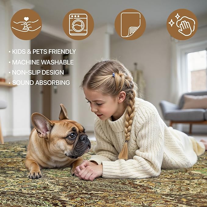 GENIMO 6x9 Area Rugs for Living Room, Machine Washable Low Pile Rugs, Chenille Non Alip Vintage Rug for Bedroom, Dining Room, Home Office, Bronze Olive