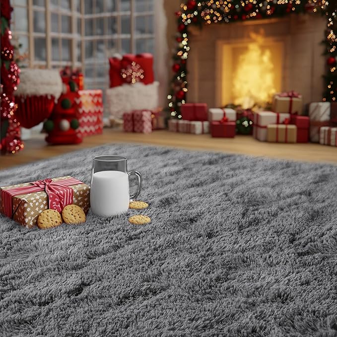 Dark Gray Fluffy Rug Plush Carpet for Bedroom Dorm, Non-Slip High Pile Rug, Shag Rug for Playroom Nursery Home Office Decor 6X9 Ft