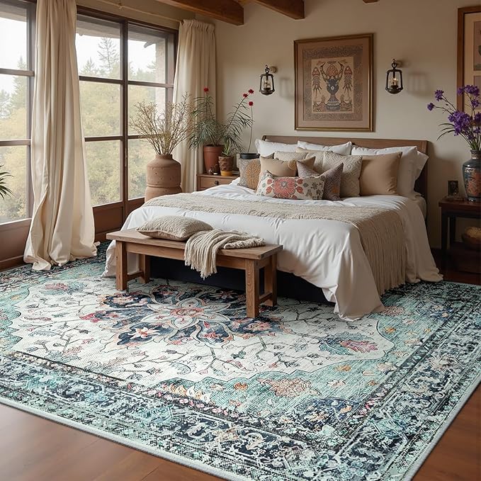 Area Rugs 6'x9' Washable Non-Slip, Floral Vintage Distress Print Pattern Medallion Carpet for Living Room Bedroom Dining Room, Green Navy Blue White Red Teal Colorful