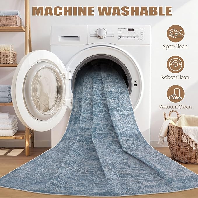 Area Rug Living Room Rugs - 10x12 Washable Large Soft Indoor Neutral Modern Abstract Low Pile Rug Carpet for Bedroom Dining Room Farmhouse Home Office - Dark Blue