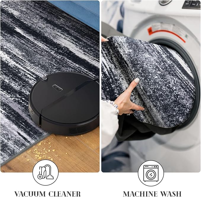 Modern Abstract Runner Rug 2x5, Black Grey Washable Kitchen Runner Entryway Rug Mat Non-Slip Soft Hallway Rug Runner Thin Print Faux Wool Carpet for Bedroom Laundry Room Indoor
