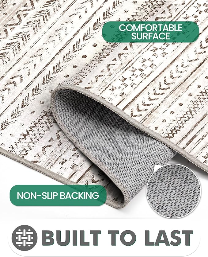 LUMI Ultra Thin Door Mat, 24x36 Non Slip Indoor Doormat Entrance Washable Rugs Entryway Oriental Vintage Soft Carpet for Kitchen Bedroom Front Door, White and Brown