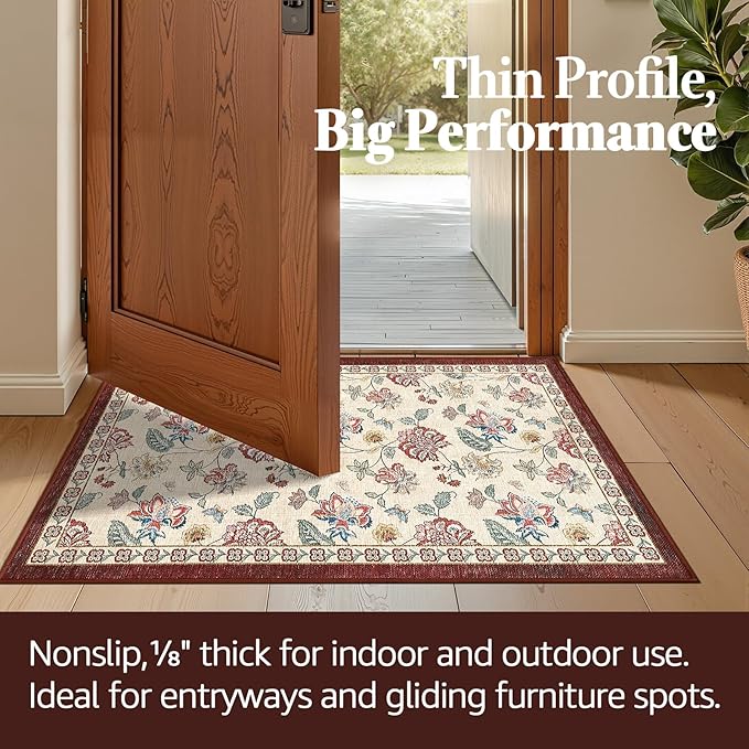 jinchan Elora 3x5 Floral Rug for Entryway Washable Kitchen Rug Vintage Romance Design Small Mat Non Slip Indoor Doormat Lightweight Low-Profile Throw Carpet for Bathroom Laundry Room, Red/Beige