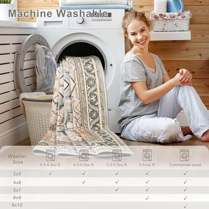 6x9 Grey Beige Area Rug for Living Room, Machine Washable Rugs with Non-Slip Backing for Bedroom, Vintage Medallion Carpet Dining Room Office Kids Room Decor
