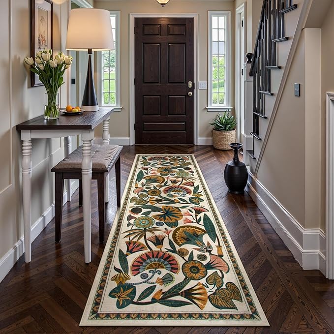 Washable Kitchen Runner Rug, Floral 2x6 Rug Runners for Hallways, Washbale Non Slip Beige Rugs, Soft Low Pile Carpet for Bedroom Entryway Laundry Room
