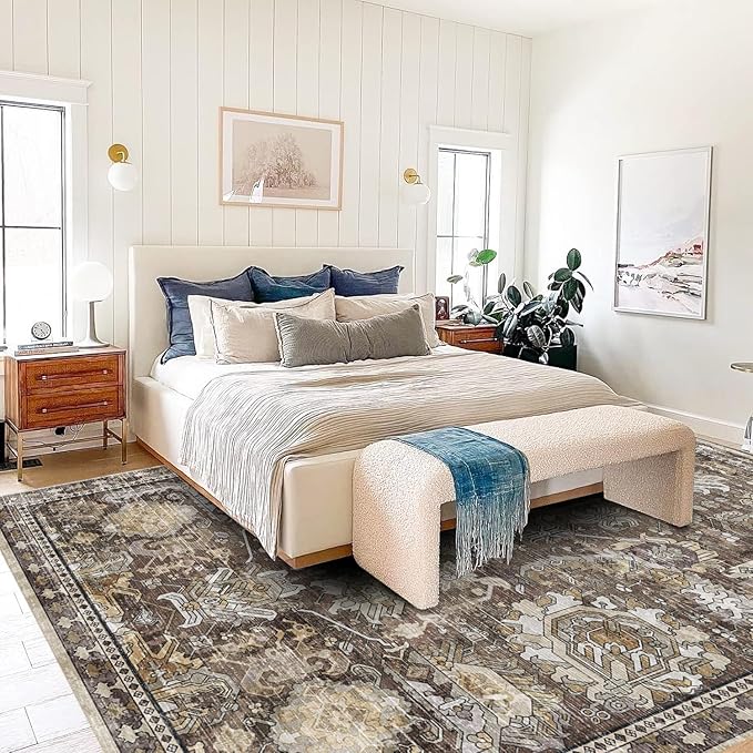 RUGSURE Washable Area Rugs - Perfect for Living Room, Bedroom, Kids Room, Nursery - Stain & Water Resistant Non-Slip, Pet & Child Friendly, Vintage Tribal Area Rugs (Ivory, 8' x 10')