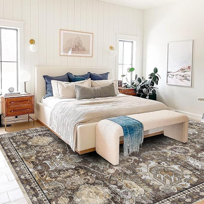 RUGSURE Washable Area Rugs - Perfect for Living Room, Bedroom, Kids Room, Nursery - Stain & Water Resistant Non-Slip, Pet & Child Friendly, Vintage Tribal Area Rugs (Ivory, 4' x 6')