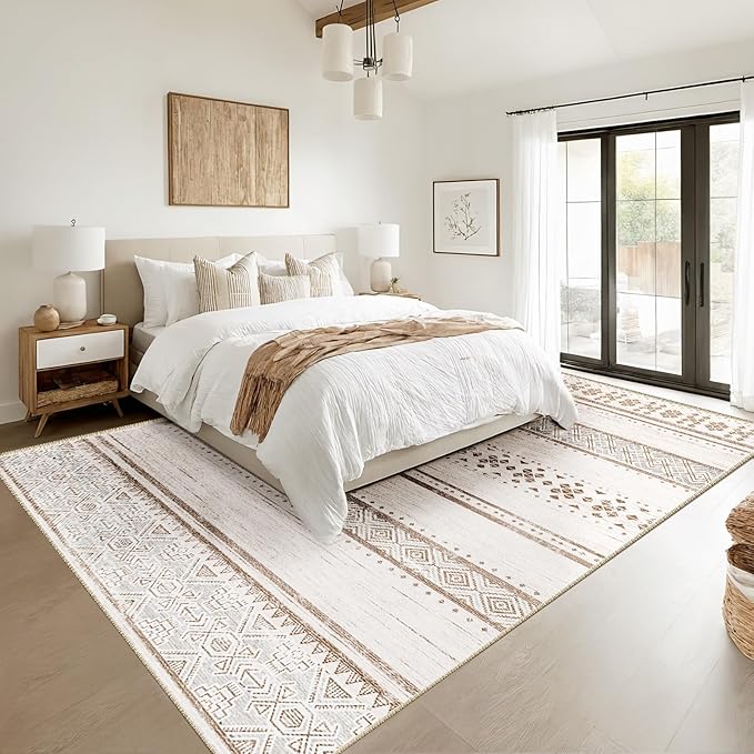 BESTSWEETIE 9x12 Area Rugs for Living Room Washable Moroccan Farmhouse Neutral Geometric Low Pile Non-Slip Soft Print Pattern Rug for Bedroom Kitchen Dining Room Entryway Cream/Brown/Pink