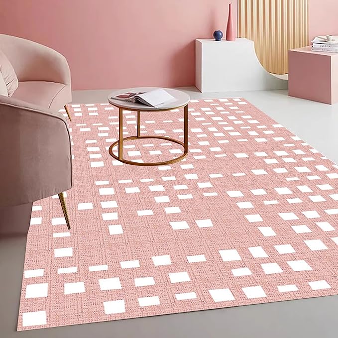 Boho Chic White and Pink Geometric Texture Rug for Living Room Dining Room Bedroom Nursery Room Large Non Slip Washable Indoor Carpet Soft Low Pile Kitchen Entryway Runner Mat 5x8