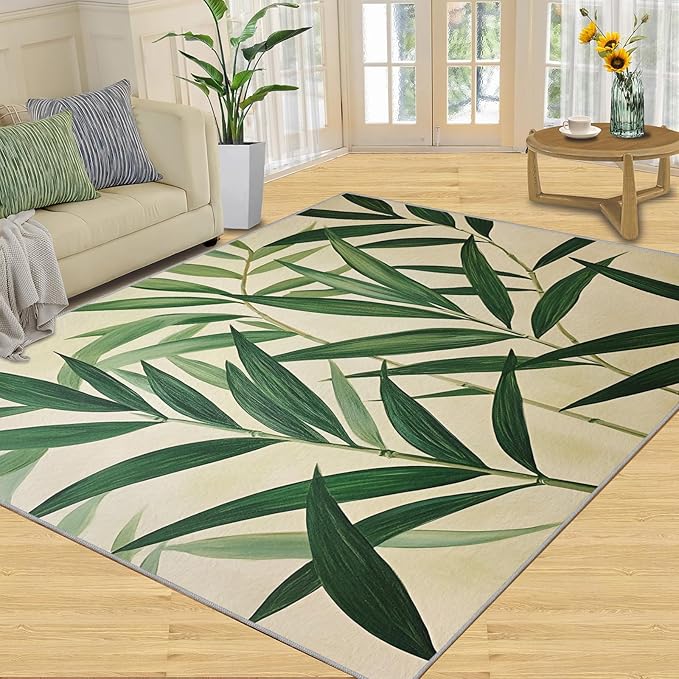 6x9 Bamboo Leaves Living Room Rug - Realistic Botanical Art Bedroom Carpet, Minimalist Leaves Classroom Rug for Carpet Boy Bedroom Office Nursery Hardwood Home Decor