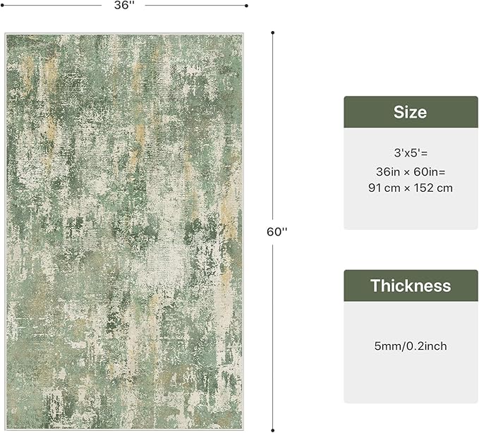GENIMO 3x5 Rug for Entryway Washable Area Rug, Modern Abstract Small Rugs for Entrance Living Room, Bedroom Beside Rugs, Non-Slip Low Pile Lightweight Soft Carpet, Light Green