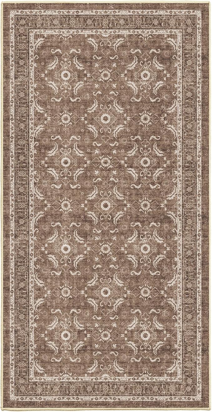 WITSHOCK Washable 2x4 Entryway Area Rug, Soft Non-Slip Rugs Vintage Flower Accent Small Rugs for Bedroom, Kitchen, Living Room, Nursery Entrance, Dark Brown