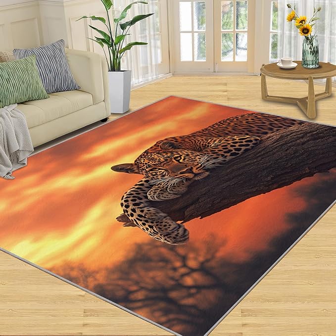 5x8 Sunrise Leopard Kids Rug - Sunset African Savanna Dining Room Rug, Wild Animal Area Rugs Indoor Modern Rugs for Bedroom Hardwood Floors Teen Room