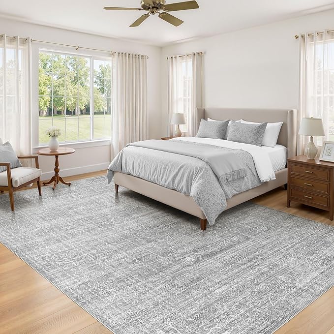 10x14 Area Rugs Living Room: Washable Large Vintage Grey Rug Neutral Non-Slip Soft Stain Resistant Indoor Carpet for Bedroom Nursery Dining Room Under Table Bed Home House Office Playroom