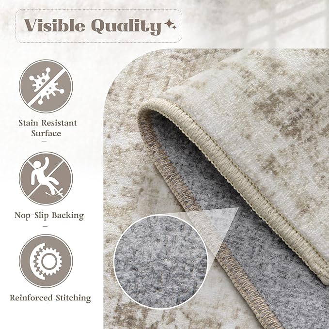 Area Rug 3x5 Washable Rug, Vintage Boho Medallion Entryway Rug Non-Slip Soft Low Pile Small Distressed Floor Carpet Retro Doormat for Kitchen Bedroom Laundry Bathroom Hallway (Taupe, 3'x5')
