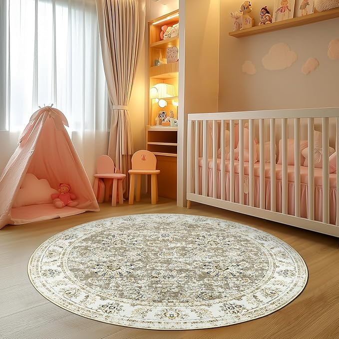 jinchan Fiora Round Rug 4ft Area Rugs Vintage Floral Distressed Design - Machine Washable Non-Slip Low-Pile Ultra-Thin Circle Rug for Entryway Bedside Living Room Dining Room Bedroom (4' Round, Taupe)