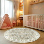 jinchan Fiora Round Rug 4ft Area Rugs Vintage Floral Distressed Design - Machine Washable Non-Slip Low-Pile Ultra-Thin Circle Rug for Entryway Bedside Living Room Dining Room Bedroom (4' Round, Taupe)