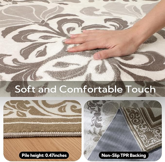 SOULFUL Medium Pile 8x10 Rugs for Living Room - Soft Foot Feel Large Area Rug - Brown Boho Floral - Washable Non-Slip - Perfect for Bedroom Kids Room Under Dining Table Office
