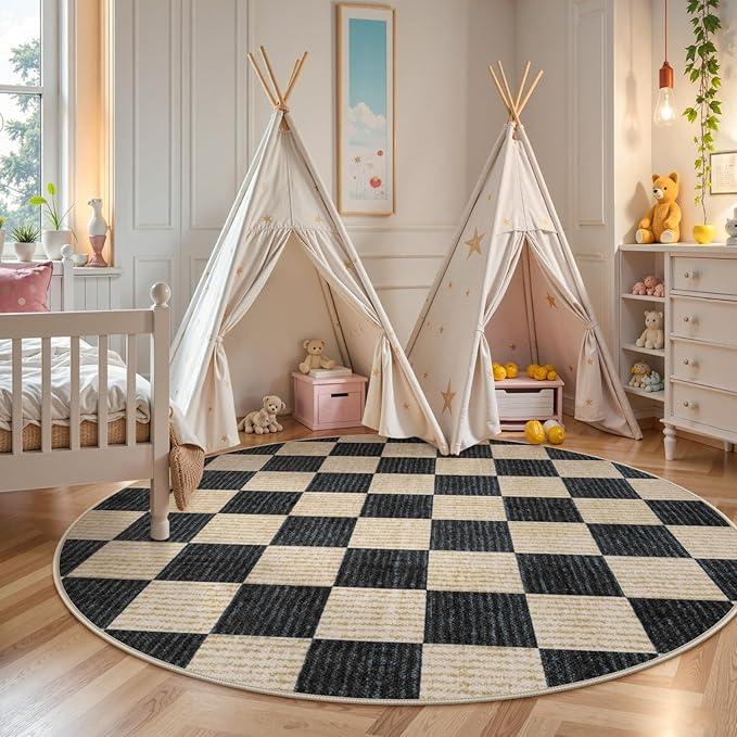 LIVEBOX Checkered Round Rug 6 Ft Washable Area Rug for Playroom, Kids Non-Slip Neutral Classic Circle Rug Geometric Large Carpet Soft Boys Rug for Classroom Dorm Bedroom(Black,180R)