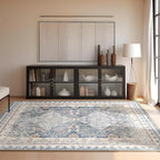 Phantoscope Washable Area Rug 5'x7' Non-Slip, Vintage Neutral Rugs for Living Room, Bedroom, Dining Room, Distressed Boho Geometric Medallion Pattern, Low-Pile Foldable Floor Carpet, Dusty Blue/Multi
