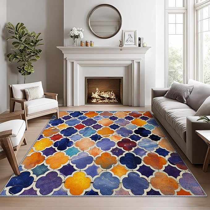 Moroccan Rugs for Living Room -Moroccan Trellis Rug, 6x8 ft, Colorful Geometric Washable Rugs for Living Room, Oriental Tile Area Rug for Bedroom, Traditional Patchwork Home Decor & Gifts