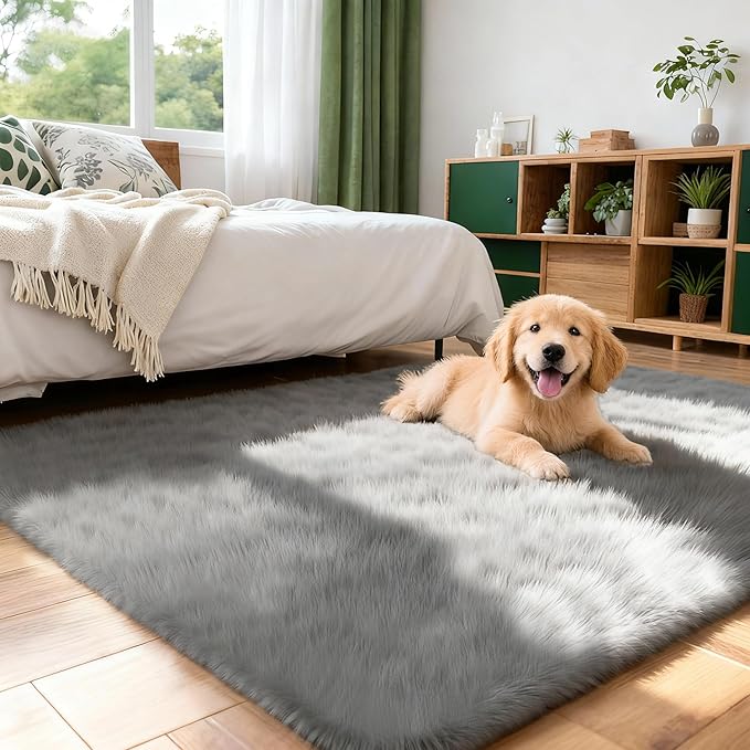 3x5 Solid Fluffy Grey Area Rug – Washable, Durable, Living Room Rug, Non-Slip High Pile Shag Rugs for Bedroom, Living Room, Bedside, Dorms, Nursery Rooms, Kids Room, Soft Indoor Floor Carpet