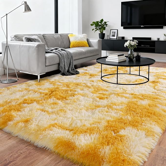Extra Large Plush Rug High Pile Fluffy Rug for Living Room, Big Plush Non-Skid Shag Carpet, Soft Shaggy Rugs for Bedroom Indoor Modern Home Decor Tie Dye Yellow 9x12ft