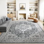 Marsail 9x12 Washable Area Rug, Soft & Slip-Resistant Large Area Rug with Reinforced Bound Edges, Vintage Short-Pile Washable Rug with Floral Pattern for Living Room, Dinning Room and Bedroom, Grey