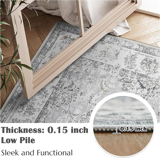 jinchan Fiora Runner Rug 3x8-2pcs Kitchen Washable Vintage Rug Hallway Rug Floral Print Floor Cover Indoor Thin Retro Mat Accent for Bathroom Laundry Room Bedroom Office Farmhouse (Double,Grey)