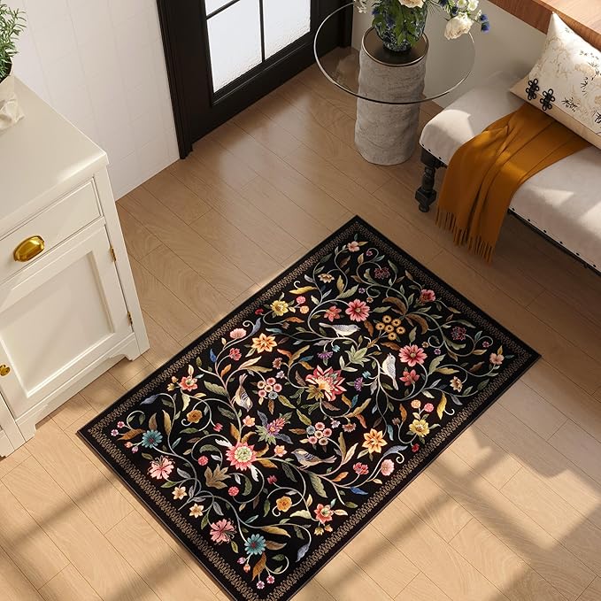 Vintage Medallion Floral Indoor Door Mat 2x3, Machine Washable Entryway Rug, Low Pile Soft Small Carpet, Non-Slip Area Rug for Entrance, Bedroom, Kitchen & Kids Room | Black
