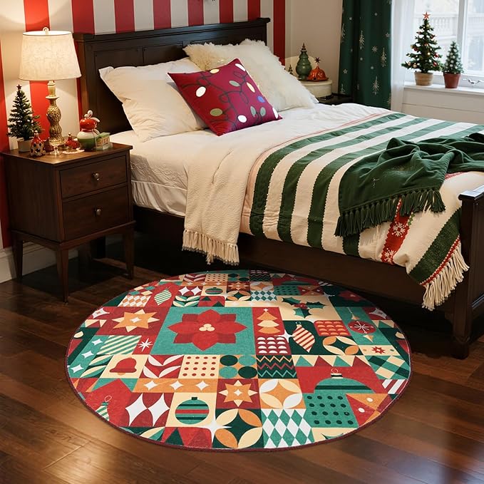 jinchan Round Christmas Rug 4ft for Entryway Washable Circle Christmas Bedroom Rug 4' Round Xmas Geometric Non-Slip Soft Carpet Festive Red-Green Holiday Patch Decor for Kitchen Living Room Porch