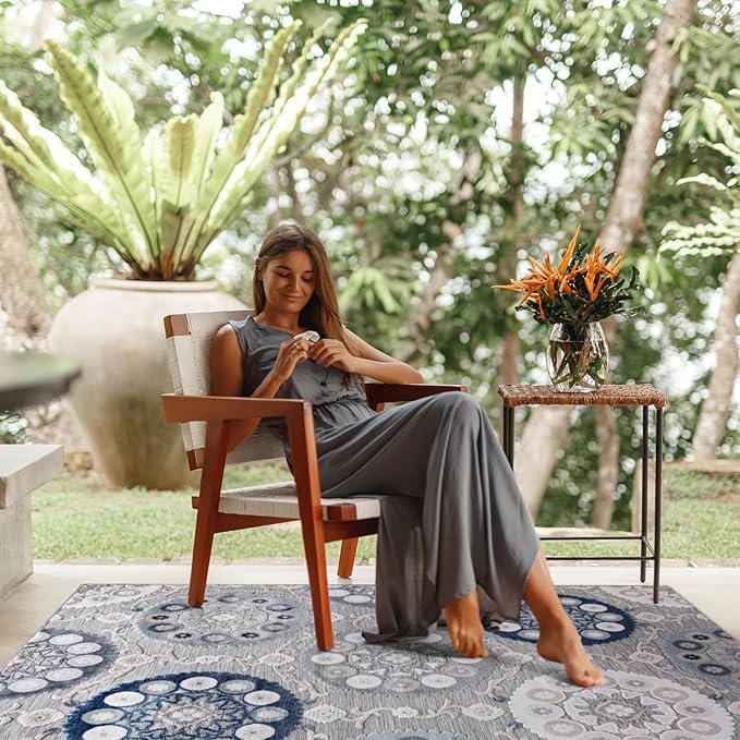 CAMILSON Indoor Outdoor Rug 8x10 Bohemian Medallion Floral Area Rugs for Indoor and Outdoor Patios Easy-Cleaning Non-Shedding Living Room Garden and Kitchen Washable Outside Carpet (8 x 10 / Blue)