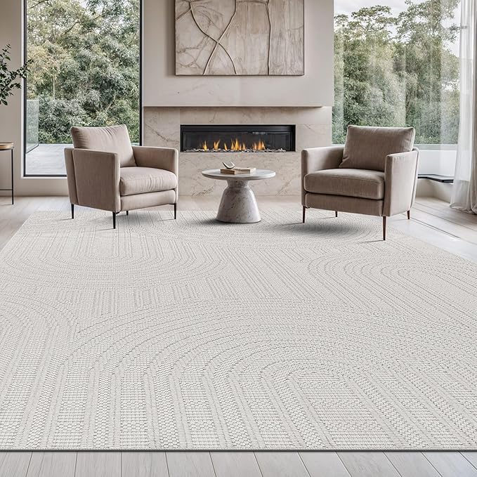 Beverly Rug Micro Loop Large Area Rug White 9x12 Modern Luxury Circle Geometric Durable Indoor Area Rugs for Living Dining Room Office Stain Resistant Non Shedding Casual Indoor Carpet White 9 x 12