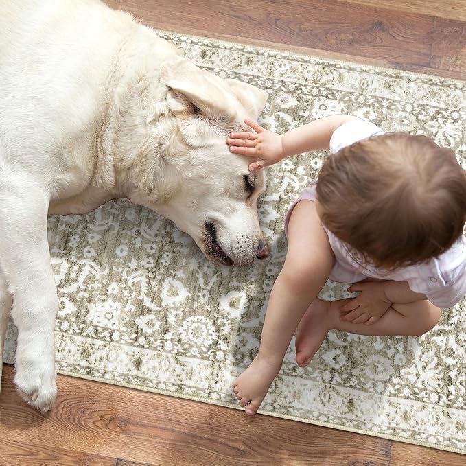 Vintage Entryway Rug 2x3 Washable, Beige Tan White Kitchen Rug, Super Soft Thin 100% Polyester Small Area Rug, Non-Slip Accent Mat for Foyer, Bedroom, Office