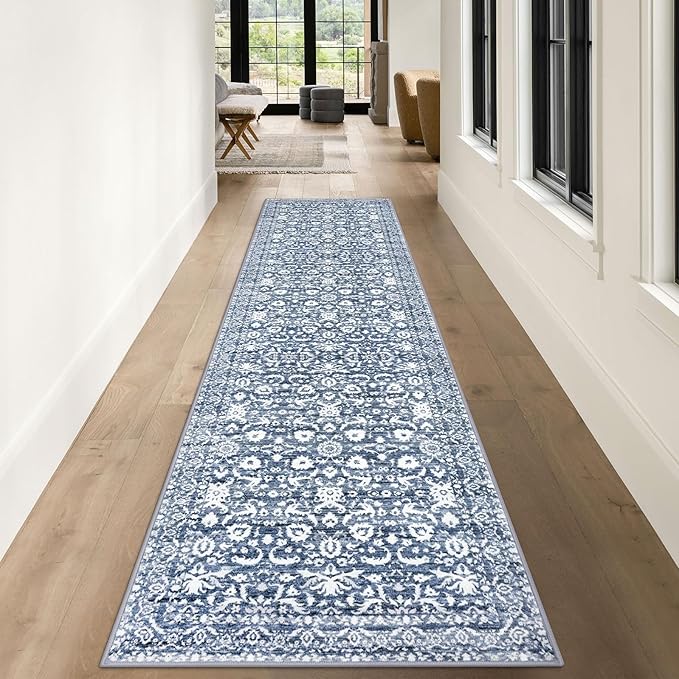 Vintage Runner Rug 3x10, Light Blue White Washable Kitchen Runner Non-Slip Soft Hallway Rug Runner Floral Thin Print Faux Wool Carpet for Entryway Bedroom Laundry Room Indoor Home Office Decor