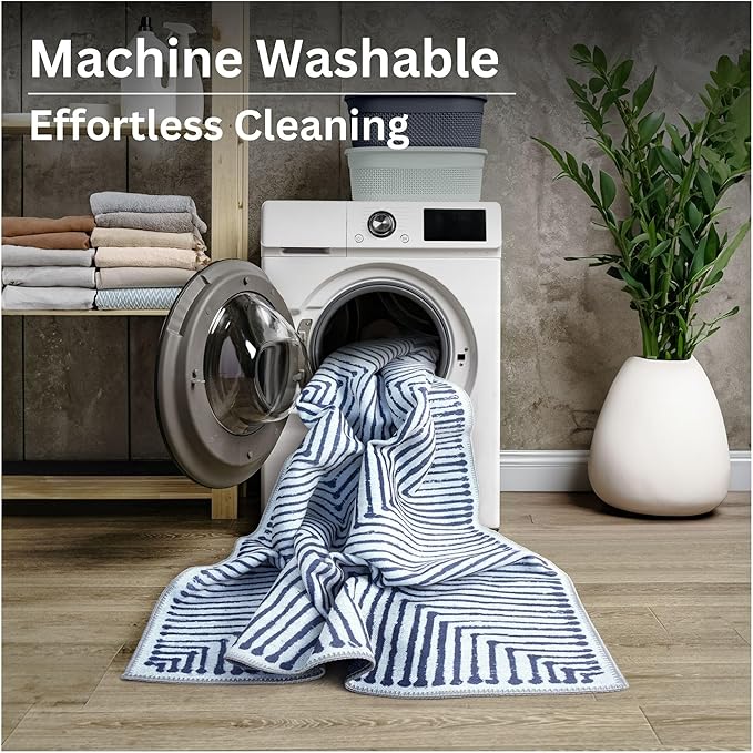 Bloom Rugs Washable Non-Slip 4' x 6' Rug - Blue/Ivory Striped Area Rug for Living Room, Bedroom, Dining Room, and Kitchen - Exact Size: 4' x 6'