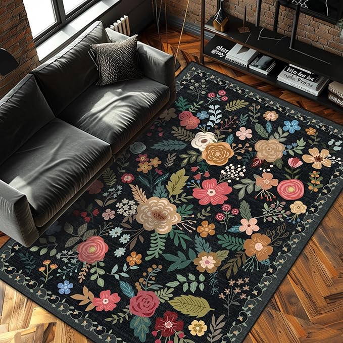 5x7 Area Rug, Floral Rugs for Living Room, Stain-Resistant Washable Bedroom Rug, Non-Slip Area Rugs for Dining Room Under Table, Indoor Carpet for Home Office (5 x 7 Black)