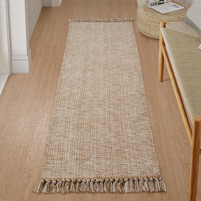Collive Boho Runners for Hallways 2x7 ft, Washable Kitchen Runner Rug Low-Profile Neutral Indoor Entryway Rug, Tan/Cream Braided Cotton Floor Carpet for Laundry Room Bedroom Doorway
