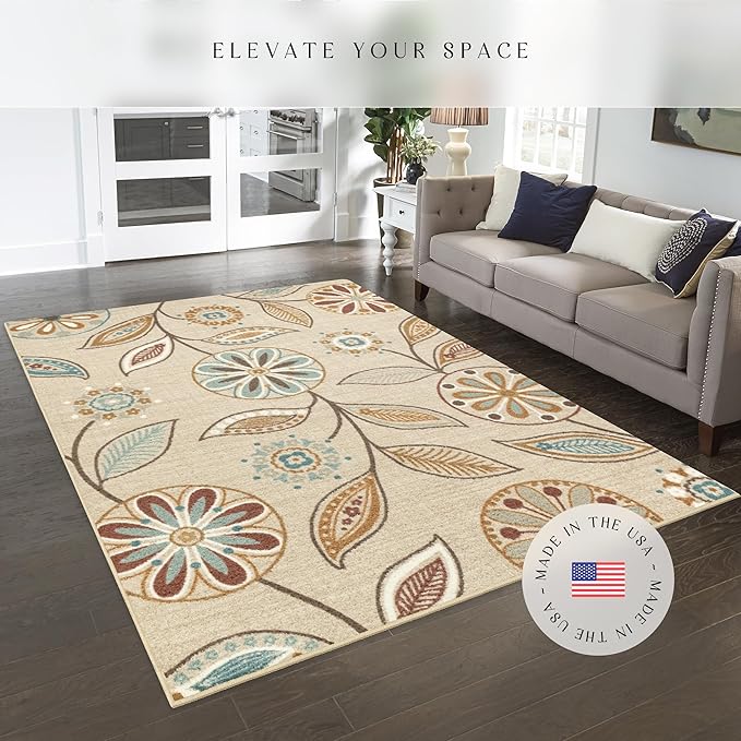 Maples Rugs Reggie Floral Area Rug - Made in USA - Low Pile, Non Slip, Pet-Friendly Mat for Living Room, Bedroom, and Office, 7' x 10', Beige