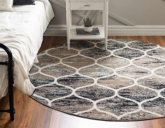 Rugs.com Lattice Frieze Collection Rug – 10' Round Blue Multi Medium Rug Perfect for Kitchens, Dining Rooms